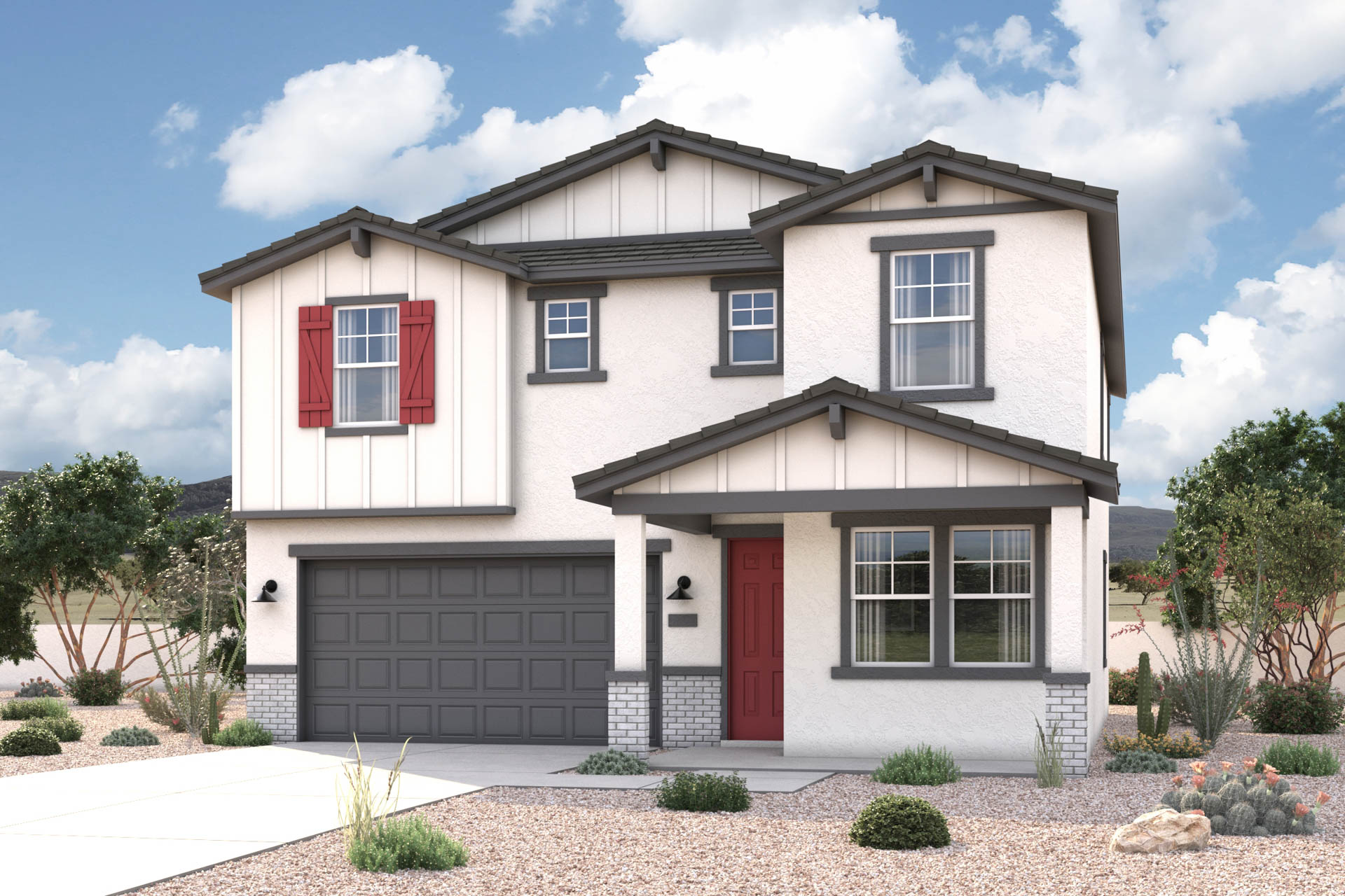 Modern Ranch exterior elevation rendering of 2 story 3-5 bedroom New Home floor plan in Maricopa AZ USDA Loan VA Loan Eligible Near 347 with community amenities near park
