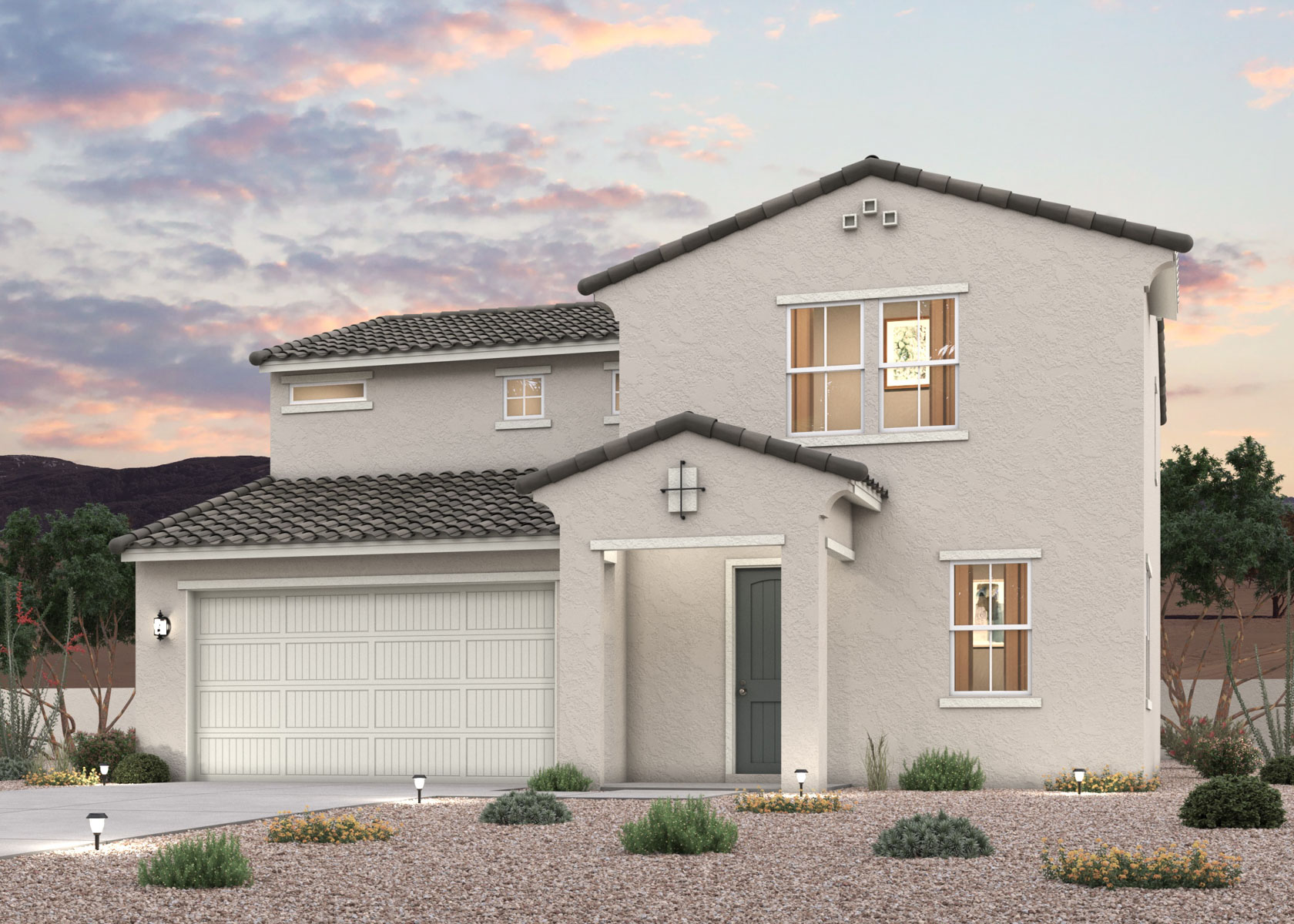Twilight rendering of the front of a 2-Story home with 2 car garage in Surprise, AZ