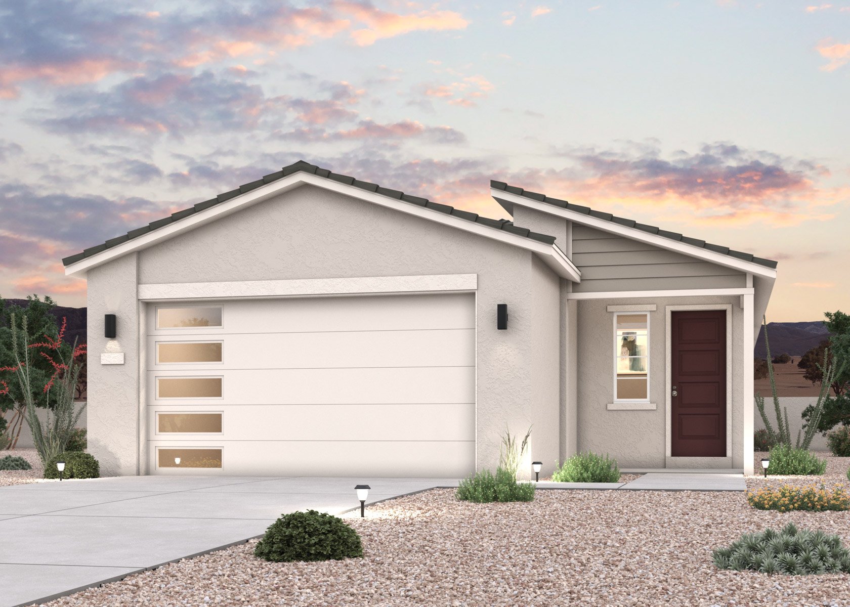 A twilight rendering of a new home in Buckeye, AZ at Manzanita at Teravalis by Century Communities.