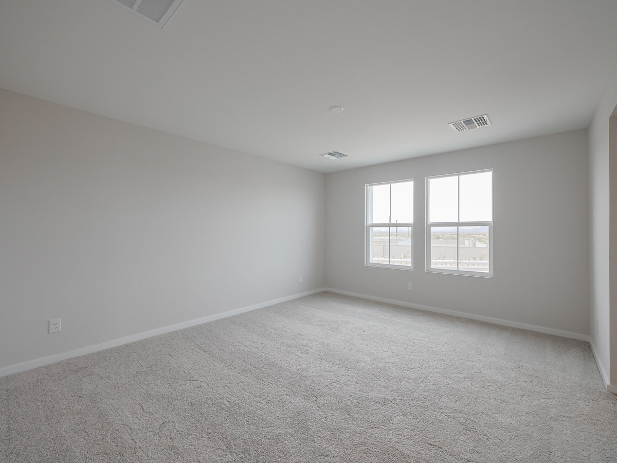 A room with a carpet and windows.