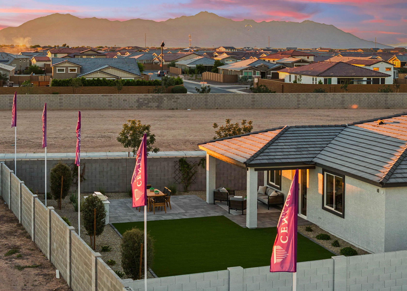 A building with a flag in the front.