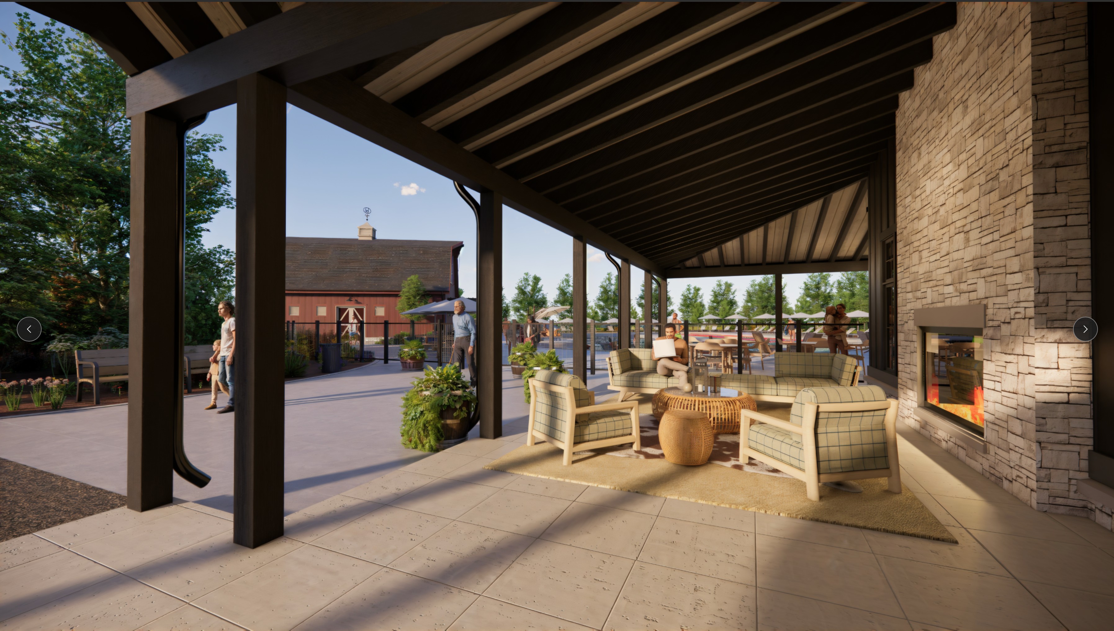 A courtyard with benches and a building.