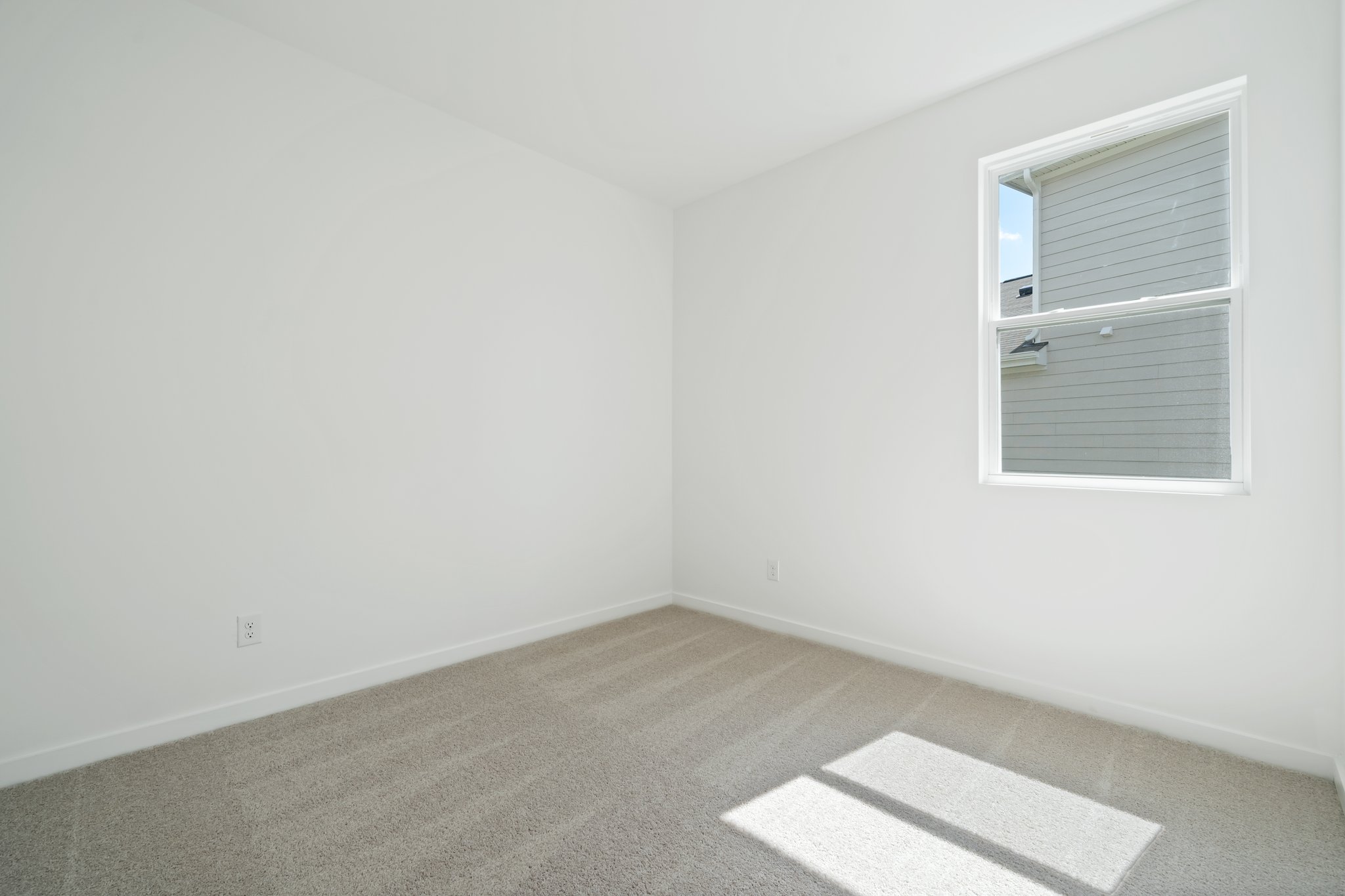 A room with a window and a rug.