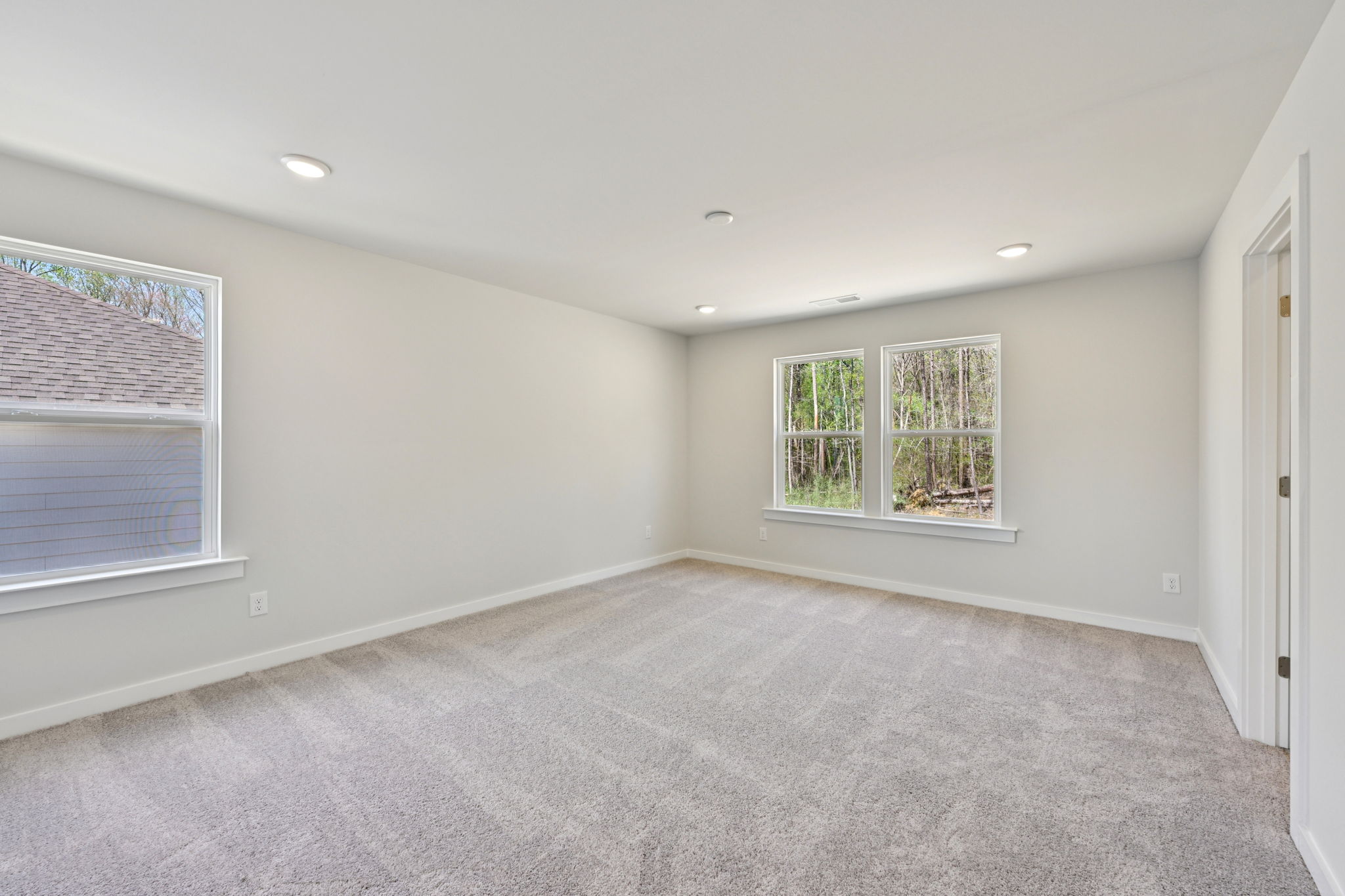 A room with a carpet and windows.