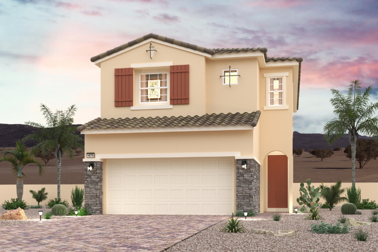 A house with a garage and palm trees.