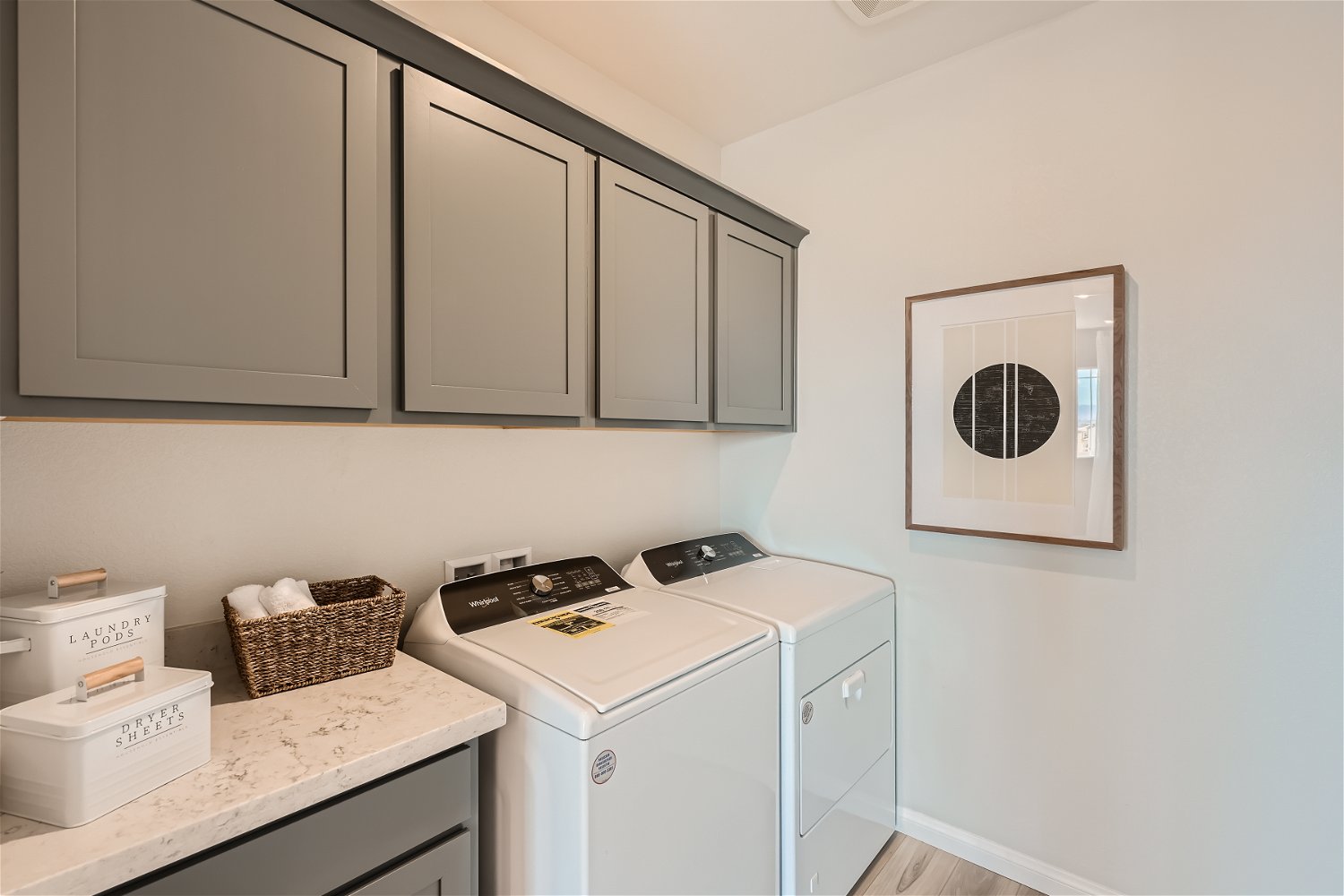 A kitchen with white cabinets.