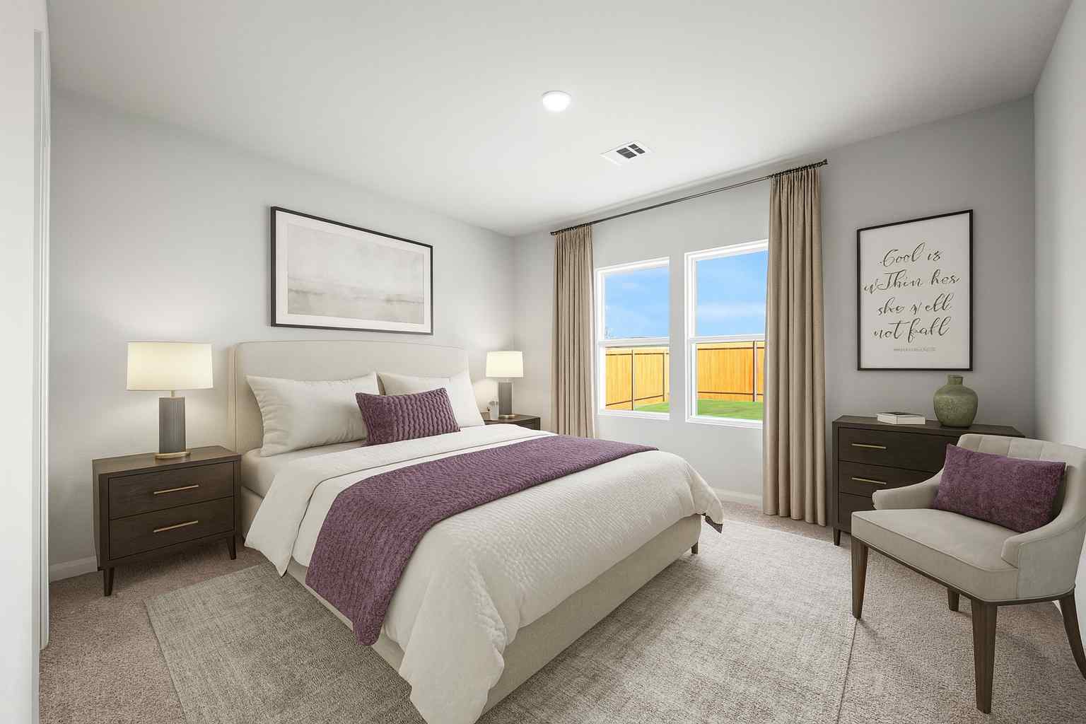 A bedroom with a bed and a chair.