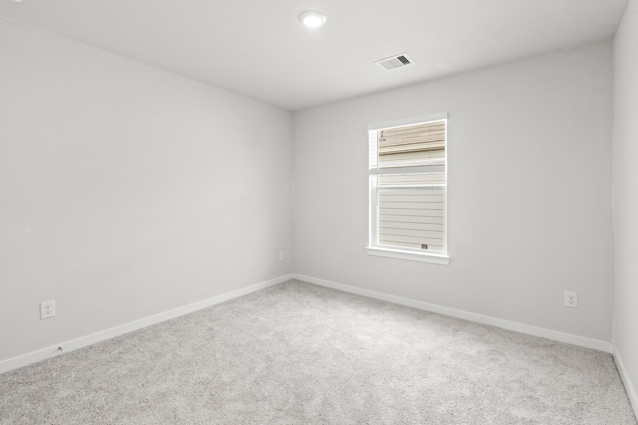 A room with a carpet and a window.