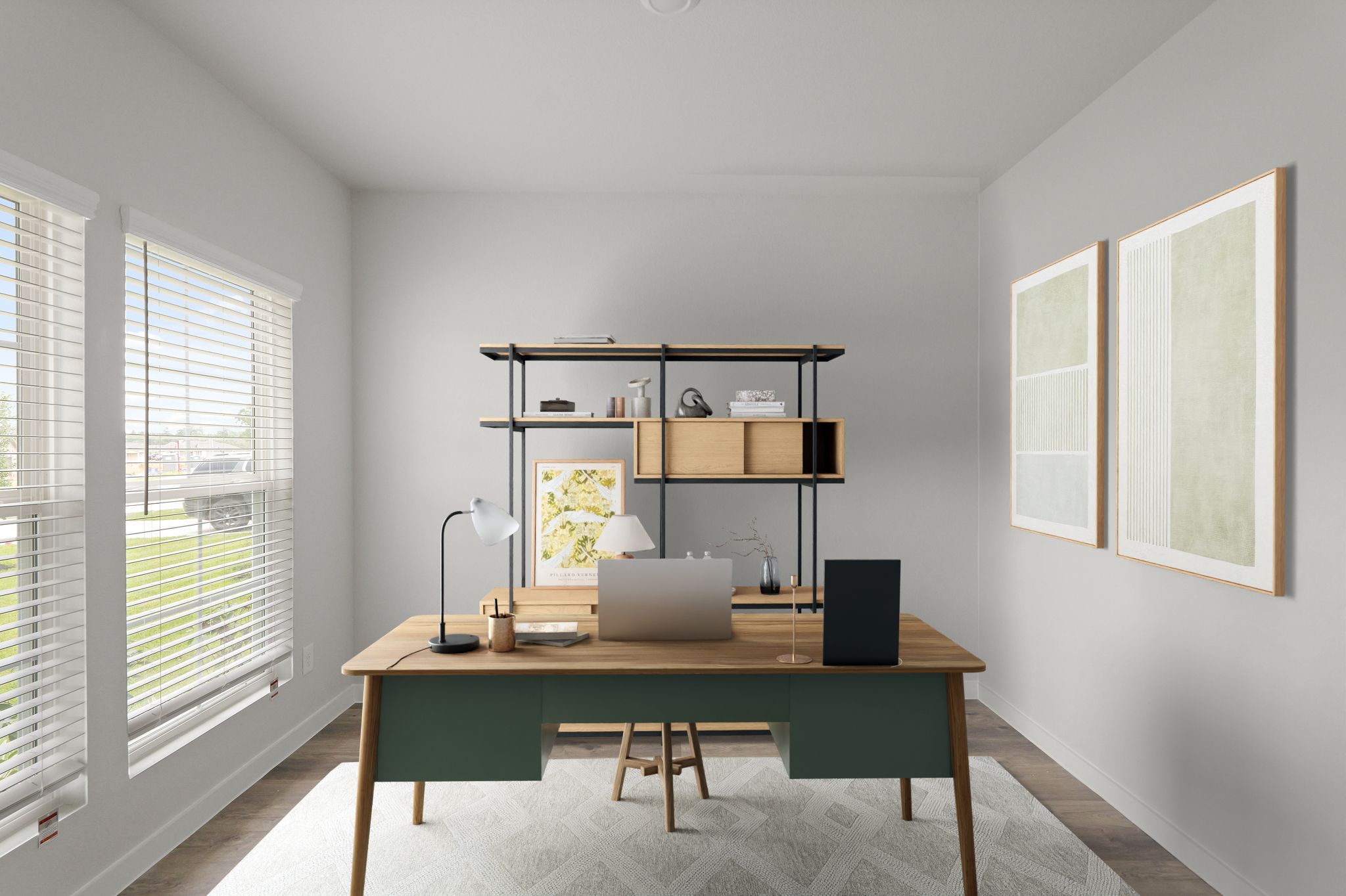 A room with a desk and a shelf with books on it.