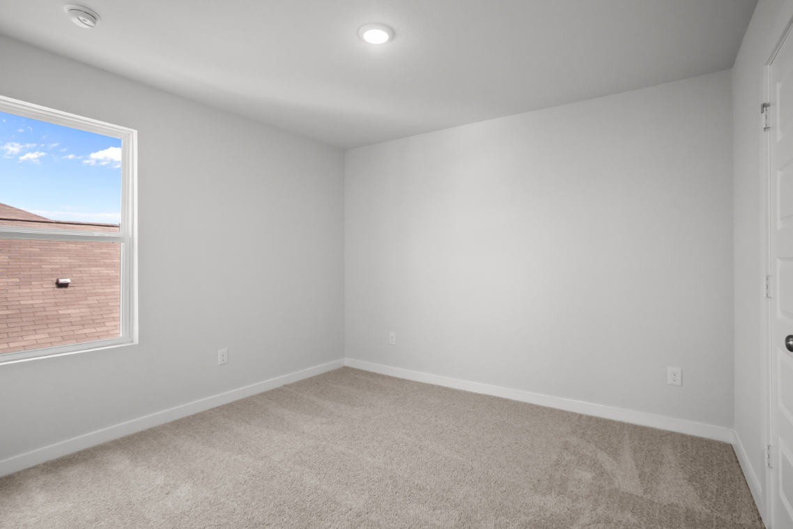 A room with a carpet and a window.