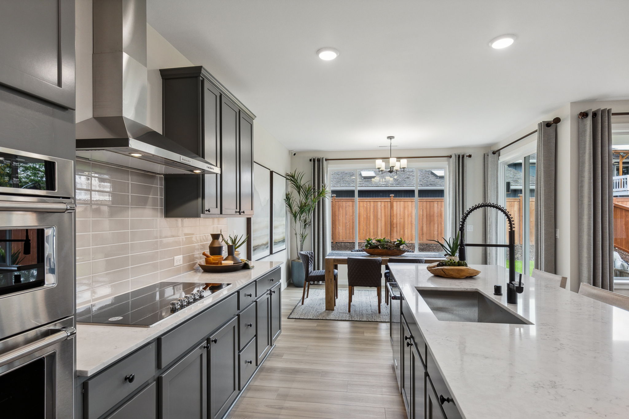 A kitchen with a large island.