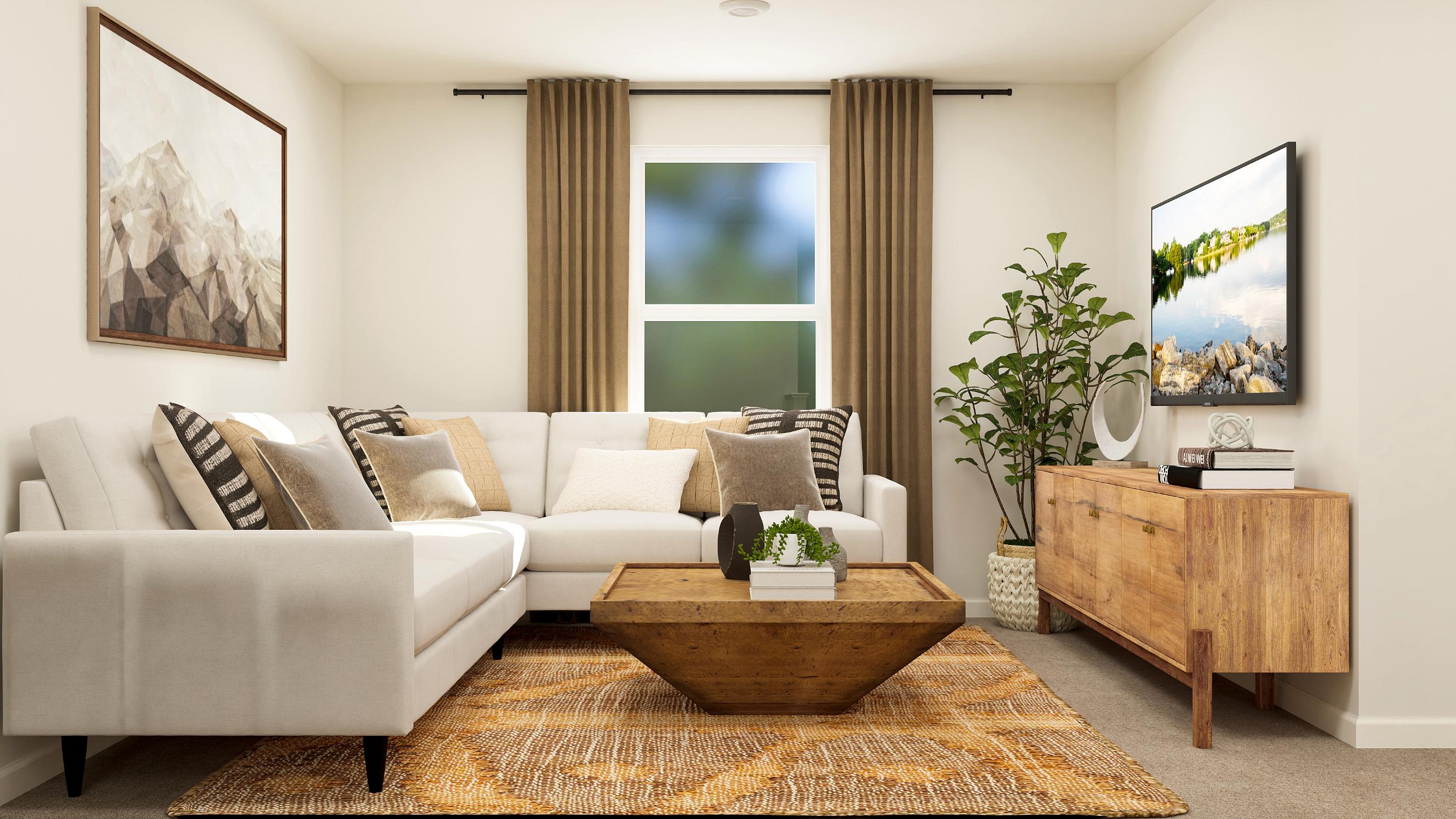 A living room with a couch and coffee table.