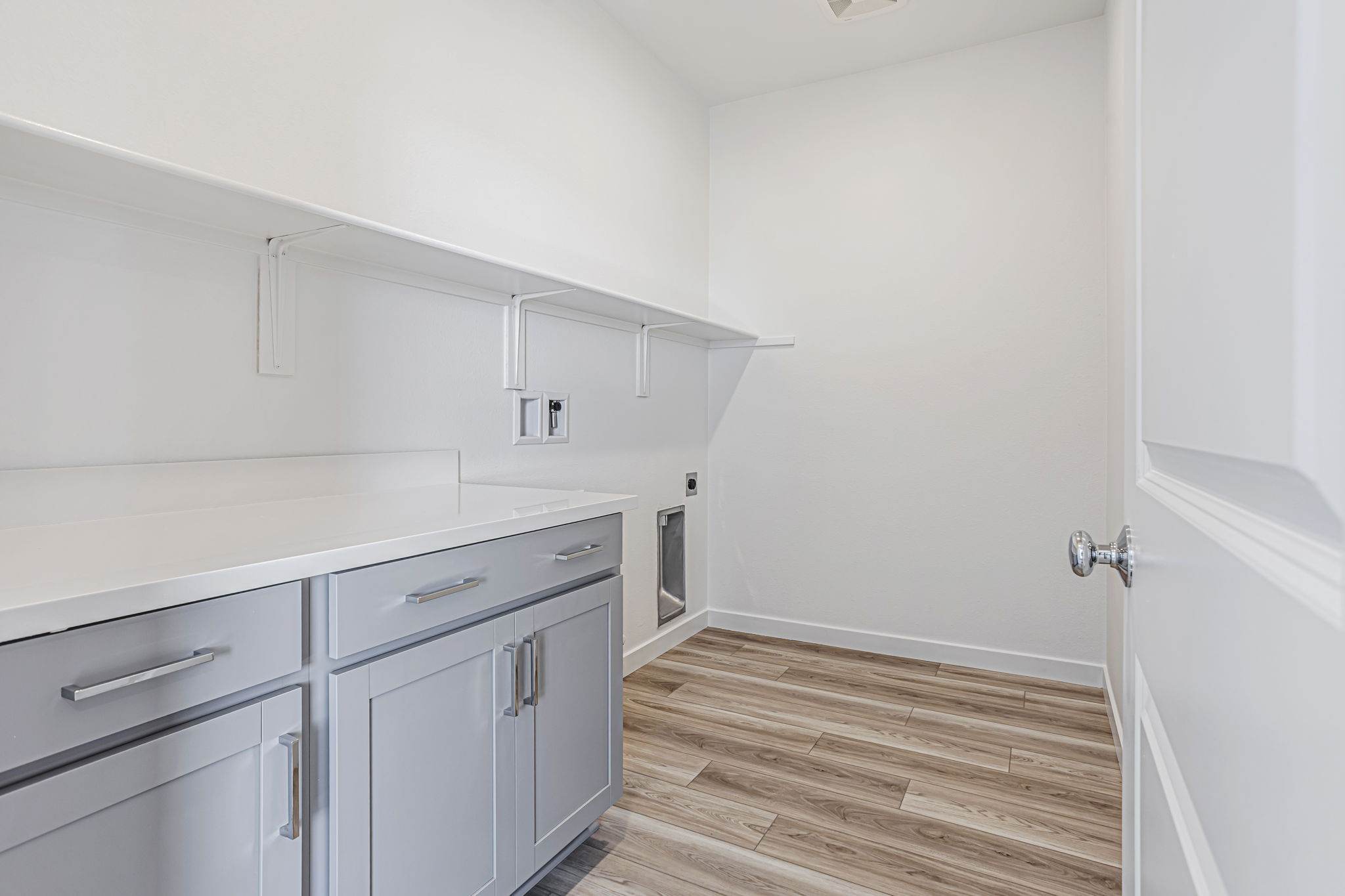 A kitchen with white cabinets.